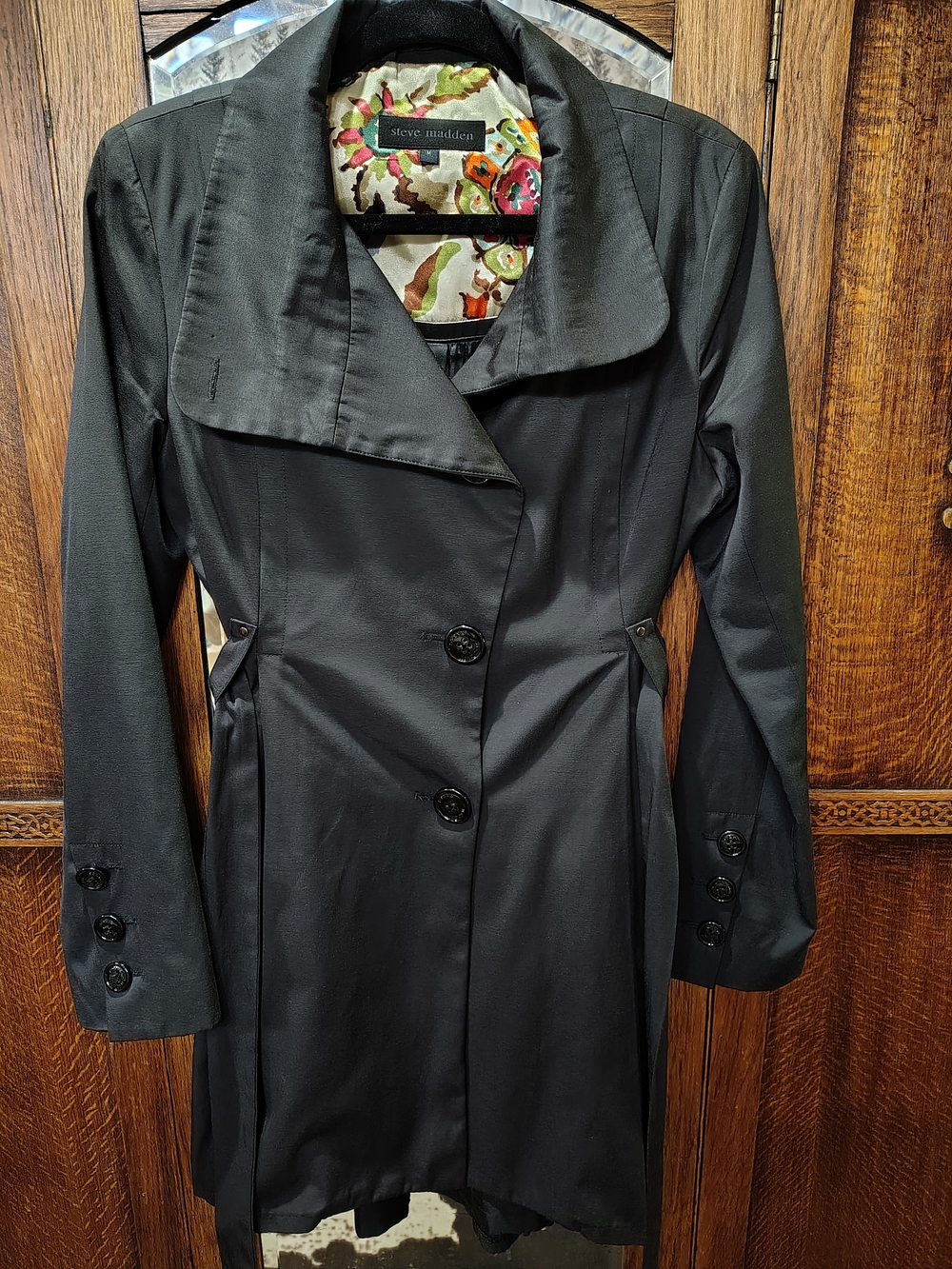 Steve Madden Black Fit & Flare Pleated Trench Coat Jacket - Size M